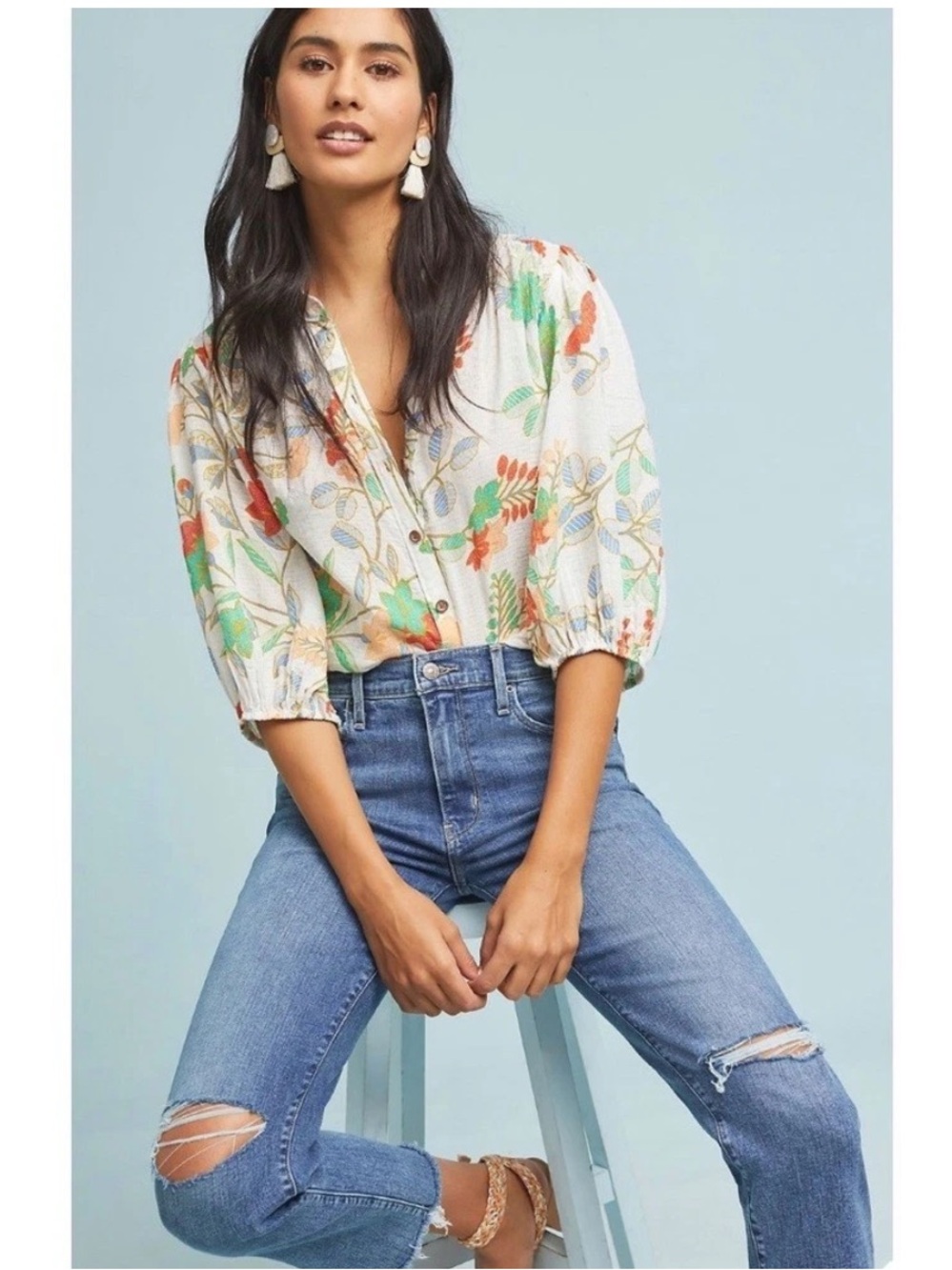 Maeve Anthropologie Kalapana Top Women's Size 6 Blouse Floral Balloon Sleeves